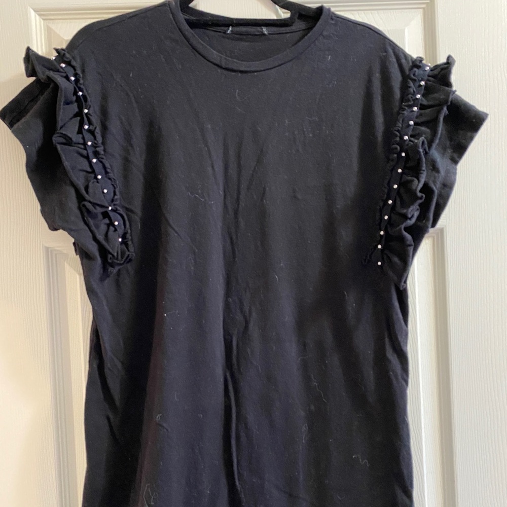 Black shirt dress with ruffled sleeves
